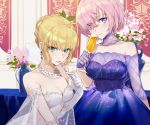  2girls ahoge alternate_costume aqua_eyes artoria_pendragon_(all) banner bare_shoulders bead_necklace beads blonde_hair blue_dress blush breasts cleavage closed_mouth collarbone commentary_request csyko cup detached_sleeves dress earrings elbow_gloves fate/grand_order fate_(series) fork gloves hair_bun hair_over_one_eye holding holding_cup holding_fork indoors jewelry looking_at_viewer mash_kyrielight mixed-language_commentary multiple_girls necklace pink_hair purple_eyes saber short_hair strapless strapless_dress table upper_body vase white_dress white_gloves 
