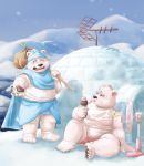  2019 anthro aotoaka belly bodily_fluids bottomwear clothing crying dessert duo eyes_closed food fur humanoid_hands ice_cream male mammal outside overweight overweight_male polar_bear shirt shorts sitting snow tears topwear ursid ursine white_body white_fur 