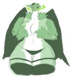  4_arms anthro averyshadydolphin big_breasts big_wings breasts broken_horn clothed clothing crown curvy_figure digital_media_(artwork) dragon dragon_princess_iii embarrassed female fingers green_body green_skin green_wings hand_on_breast hi_res horn legwear looking_away multi_arm multi_limb navel non-mammal_breasts panties princess reptile royalty scalie scar shy simple_background solo thick_thighs thigh_highs topless towergirls underwear video_games voluptuous white_background wide_hips wings 