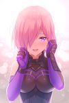  1girl :d armored_leotard bangs bare_shoulders black_leotard blurry blurry_background blush breasts commentary_request crying crying_with_eyes_open depth_of_field elbow_gloves eyebrows_visible_through_hair fate/grand_order fate_(series) gloves hair_over_one_eye highres large_breasts leotard mash_kyrielight open_mouth pink_hair purple_eyes purple_gloves smile solo tears tomo_(user_hes4085) upper_body upper_teeth 