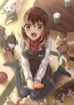  1girl :d apron artist_request ball black_legwear breasts brown_apron brown_eyes brown_hair brush cup disposable_cup dog from_above full_body long_sleeves medium_breasts medium_hair name_tag no_shoes open_mouth original red_bandana sitting smile table tatami wariza white_dog 