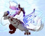  anjanath blue_tongue commentary commentary_request electricity emphasis_lines english_commentary epic glowing highres kang_raptor microphone mixed-language_commentary monster_hunter music no_humans open_mouth sharp_teeth singing solo tail teeth two-tone_skin wings 