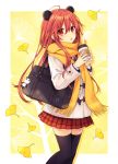  1girl animal_ears autumn bag bag_charm charm_(object) chestnut_mouth coffee_cup cup disposable_cup duffel_coat long_hair looking_at_viewer neptune_(series) panda panda_ears red_eyes red_hair scarf school_bag school_uniform shakeko_(neptune_series) signature thighhighs translation_request tsunako 