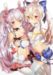  2girls alternate_costume animal_ears ayanami_(azur_lane) ayanami_(troubled_star_idol)_(azur_lane) azur_lane blonde_hair blue_skirt blush bow breasts bunny_ears bunny_ornament collarbone commentary_request cowboy_shot crop_top detached_sleeves eyebrows_visible_through_hair fake_animal_ears hair_between_eyes hair_bow hairband headpiece holding_hands interlocked_fingers laffey_(azur_lane) laffey_(halfhearted_bunny_idol)_(azur_lane) leg_between_thighs long_hair looking_at_viewer microphone midriff miniskirt multiple_girls navel neck_ribbon parted_lips pink_skirt plaid plaid_skirt pleated_skirt ponytail red_eyes ribbon silver_hair simple_background skirt small_breasts strapless thighhighs thighs tubetop twintails wakamore_(getguacamole) white_background white_legwear zettai_ryouiki 