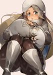  1girl blonde_hair blue_eyes breast_hold breasts commentary_request hat huge_breasts looking_at_viewer luco_san parted_lips pokemon solo squatting thick_thighs thighs white_footwear white_headwear 