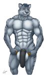  2019 abs animal_genitalia animal_penis anthro aolun aolun_(character) balls equine_penis felid fur half-erect looking_at_viewer machairodontine male mammal medial_ring muscular muscular_male nude otter_grafitsnake penis simple_background solo standing vein white_background 