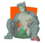  2016 3_toes abs ambiguous_gender anthro areola bulge clothed clothing domestic_cat ducky_(artist) duo felid feline felis fur grey_areola grey_body grey_fur grin hi_res human larger_anthro looking_down looking_up male mammal muscular muscular_male pawpads pink_nose pink_pawpads simple_background size_difference smaller_human smile toes topless yellow_sclera 
