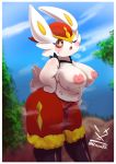  2019 anthro big_breasts blush bodily_fluids breasts butt cinderace detailed_background female hi_res lagomorph mammal navel nintendo nipples nude pok&eacute;mon pok&eacute;mon_(species) pussy slightly_chubby solo sweat usssar12 video_games 