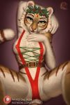  2018 anthro christmas clothed clothing conditional_dnp delkon detailed digital_media_(artwork) digitigrade eyelashes feline female fluffy fur holidays holly_(plant) looking_at_viewer mammal open_mouth pantherine plant presenting simple_background smile solo tiger underwear wreath 