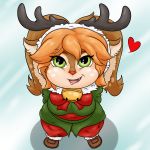  &lt;3 2018 alternate_species antlers bell bird&#039;s-eye_view bow breasts brown_fur cervine christmas clothed clothing digital_media_(artwork) female fur grandpaced green_eyes hair hi_res high-angle_view holidays horn jacket league_of_legends looking_at_viewer mammal multicolored_fur open_mouth orange_hair poppy_(lol) red_nose reindeer riot_games short_stack simple_background smile solo thick_thighs two_tone_fur video_games 