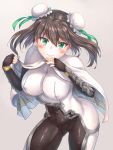  1girl arm_guards bangs black_gloves black_hair blush bodysuit breasts bun_cover cape chinese_clothes cloud_print commentary_request double_bun erect_nipples eyebrows_visible_through_hair fate/grand_order fate_(series) fingerless_gloves gloves green_eyes highres jiang_shennong medium_breasts qin_liangyu_(fate) sidelocks simple_background skin_tight smile solo standing white_bodysuit white_cape 