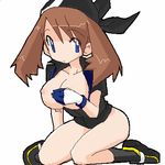  alternate_breast_size alternate_color artist_request bandana blue_eyes bottomless breasts breasts_outside brown_hair covering covering_breasts fingerless_gloves gloves haruka_(pokemon) hat kneeling large_breasts long_hair lowres nipples oekaki open_clothes open_shirt pokemon shirt simple_background solo white_background 