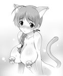  animal_ears braid breasts cat_ears censored extra_ears greyscale hair_over_shoulder huge_breasts kyougoku_shin long_hair lynette_bishop monochrome nude single_braid solo strike_witches tail upper_body world_witches_series 