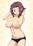  areolae bad_id bad_pixiv_id blush breasts code_geass kallen_stadtfeld kasanui large_areolae large_breasts nipples one_eye_closed panties short_hair solo topless towel underwear underwear_only wet 