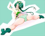  akimoto_komachi anal_hair anus bent_over boots bottomless breasts cure_mint detached_sleeves fat_mons gloves green_eyes green_hair long_hair looking_back lying magical_girl medium_breasts mura-san nipples panties precure pubic_hair pussy solo source_request split spread_legs striped striped_panties trefoil underwear waving yes!_precure_5 