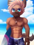  abs absurd_res beach bulge canid canine clothed clothing hi_res jewelry male mammal manadezimon muscular muscular_male necklace pecs sea seaside solo surfboard teenager topless water wet young 