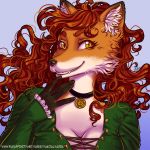  1:1 2019 anthro black_nose breasts canid canine choker cleavage clothed clothing eyelashes female fox fur hair inner_ear_fluff jewelry mammal necklace orange_body orange_fur smile solo teeth text tuft url white_body white_fur yakoalyarin yellow_eyes 