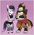  absurd_res black_hair bulge canid canine canis clothing couple_disambiguation duo equid fangs french gabriel_alarie girly_hair hair hi_res horn lavenderpandy male male/male mammal muscular muscular_male nuzzling purple_hair raj_mahendra size_difference stripes underwear 