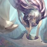  1girl air_bubble animal black_eyes bubble closed_mouth dolphin dress green_hair hair_between_eyes highres long_hair manta_ray original parted_lips red_eyes seashell seashell_hair_ornament shell smile takemiya_09 underwater water 