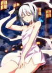  1girl :o arm_up bangs bare_arms bare_shoulders black_hairband black_ribbon blush closed_eyes collarbone commentary_request cowboy_shot eyebrows_visible_through_hair full_moon hair_ribbon hairband highres hitodama konpaku_youmu konpaku_youmu_(ghost) lantern moon naked_towel night onsen parted_lips ribbon sazanami_mio short_hair silver_hair sitting solo steam thighs touhou towel water wet wet_towel 