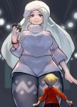  1boy 1girl blonde_hair blue_eyes breasts giantess gloves highres large_breasts meron_(pokemon) muskmelon poke_ball pokemon pokemon_(game) pokemon_swsh short_hair silver_hair single_glove sweatdrop sweater thick_thighs thighs uedrk_yamato white_gloves youngster_(pokemon) 