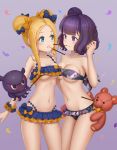  2girls abigail_williams_(fate/grand_order) absurdres bandeau bangs bare_shoulders bikini black_bikini black_bow blonde_hair blue_eyes blush bow breasts cleavage collarbone confetti double_bun emerald_float fate/grand_order fate_(series) floral_print food forehead frilled_bikini frills hair_bow hair_bun highres katsushika_hokusai_(fate/grand_order) long_hair medium_breasts multiple_bows multiple_girls navel octopus open_mouth orange_bow painting_summer parted_bangs pocky polka_dot polka_dot_bow purple_background purple_eyes purple_hair short_hair side_bun simple_background small_breasts smile stomach strapless strapless_bikini stuffed_animal stuffed_toy swimsuit teddy_bear thighs tokitarou_(fate/grand_order) watch_artwork 