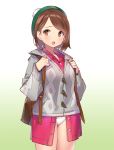  1girl :o backpack bag brown_eyes brown_hair buttons collared_shirt commentary_request cowboy_shot dress_shirt female_protagonist_(pokemon_swsh) gradient gradient_background green_headwear grey_jacket jacket long_sleeves looking_at_viewer no_pants open_mouth panties pokemon pokemon_(game) pokemon_swsh pop_kyun red_shirt shirt short_hair solo standing tam_o&#039;_shanter underwear white_panties 