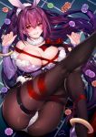  1girl animal_ears ass bangs bare_shoulders blush breasts bunny_ears cleavage fate/grand_order fate_(series) fishnet_legwear fishnets highres large_breasts leotard long_hair looking_at_viewer obiwan parted_lips poker_chip ponytail purple_hair purple_leotard red_eyes red_ribbon ribbon scathach_(fate)_(all) scathach_skadi_(fate/grand_order) smile solo thighs 