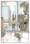  2019 akiric anthro bathroom border breasts clothed clothing clothing_lift comic dipstick_ears disney english_text eyes_closed female inside judy_hopps lagomorph leporid mammal multicolored_ears musical_note nipples nude off_shoulder panties rabbit shirt shirt_lift shower side-tie_panties small_breasts solo sound_effects text topwear underwear undressing white_border zootopia 