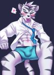  &lt;3 abs absurd_res blush boxers_(clothing) bulge clothed clothing condom condom_in_mouth felid hi_res male mammal manadezimon muscular muscular_male necktie open_shirt pantherine penis_outline seductive shirt solo tiger topwear underwear 