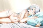  1girl absurdres alfred_cullado bangs banned_artist bed_sheet blue_eyes blue_pillow breasts cleavage closed_mouth collarbone hair_down highres huge_filesize long_hair looking_at_viewer lying navel nude on_side pussy rwby scar scar_across_eye shiny shiny_skin silver_hair small_breasts smile solo straight_hair swept_bangs very_long_hair weiss_schnee white_background 