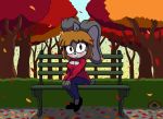  absurd_res autumn bench breasts cleavage cleavage_cutout clothed clothing female hi_res keyhole_turtleneck lagomorph leaf leporid mammal rabbit shadowwalk smile solo sweater topwear tree 