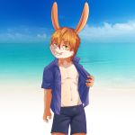  1:1 abs athletic beach bodily_fluids bulge clothed clothing hi_res lagomorph leporid male mammal open_shirt pecs rabbit sea seaside seductive sharparadise shirt solo sweat topwear water young 