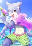  anthro canid canine canis clothed clothing fur hi_res kemono male mammal navel open_mouth open_shirt pawpads raizinndx sea shirt solo swimming_trunks swimwear topwear water water_gun wet wolf young 