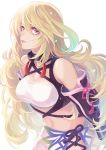  1girl bangs black_sleeves blonde_hair bra breasts choker cleavage collarbone detached_sleeves floating_hair hair_between_eyes isa_(peien516) leaning_forward long_hair long_sleeves looking_at_viewer medium_breasts midriff milla_maxwell navel parted_lips pink_eyes simple_background solo standing stomach strapless strapless_bra swept_bangs tales_of_(series) tales_of_xillia tubetop underwear very_long_hair white_background white_bra 