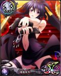  1girl black_hair breasts card_(medium) character_name chess_piece gun hair_ribbon high_school_dxd high_school_dxd_cross himejima_akeno holding holding_gun holding_weapon jewelry large_breasts long_hair long_ponytail looking_at_viewer navel official_art open_mouth pendant ponytail purple_eyes queen_(chess) ribbon solo source_request trading_card very_long_hair weapon 