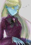  1girl black_bow blue_skin bow breasts dress ghost grey_background karasu_mp3 lace lace-trimmed_dress luigi&#039;s_mansion mario_(series) melody_pianissima platinum_blonde_hair purple_dress simple_background small_breasts solid_eyes solo yellow_eyes 