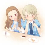  ! 2girls :o :t blue_dress blush brown_eyes brown_hair chopsticks closed_mouth collared_dress cup dress drinking_glass eating food hand_to_own_mouth hands_up holding holding_chopsticks holding_cup idolmaster idolmaster_cinderella_girls light_brown_hair long_hair long_sleeves morikubo_nono multiple_girls open_mouth plate puffy_short_sleeves puffy_sleeves red_eyes ringlets seki_hiromi short_sleeves spoken_exclamation_mark sweat ushi water 