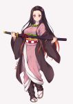  1girl absurdres artist_name bamboo bit_gag black_hair breasts brown_hair commentary_request forehead gag gag_removed gao2519 gradient_hair hair_ribbon highres holding holding_sword holding_weapon japanese_clothes kamado_nezuko katana kimetsu_no_yaiba kimono large_breasts long_hair long_sleeves looking_at_viewer mouth_hold multicolored_hair obi pink_eyes pink_kimono pink_ribbon ribbon sash simple_background solo sword two-tone_hair very_long_hair weapon white_background 