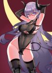  1girl armpits arms_behind_head azur_lane bangs bare_shoulders black_footwear black_gloves black_legwear black_leotard blue_eyes blunt_bangs boots breasts brown_background cleavage closed_mouth covered_navel demon_horns demon_tail elbow_gloves eyebrows_visible_through_hair floating_hair glasses gloves gneisenau_(azur_lane) gneisenau_(nightmarish_succubus)_(azur_lane) halloween_costume highres horns large_breasts leotard long_hair looking_at_viewer phandit_thirathon pubic_tattoo purple_hair rectangular_eyewear red-framed_eyewear see-through simple_background skindentation smile solo standing tail tattoo thigh_boots thighhighs underboob underboob_cutout very_long_hair work_in_progress 