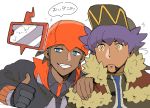  2boys beard black_gloves blue_eyes cape cellphone dande_(pokemon) dark_skin dark_skinned_male facial_hair fingerless_gloves fur_trim gloves grey_hair grin hat highres kibana_(pokemon) long_hair male_focus multiple_boys phone pokemon pokemon_(game) pokemon_swsh purple_hair red_headwear rotom_phone simple_background smartphone smile taking_picture thumbs_up tomato_(satomi) upper_body white_background yellow_eyes 