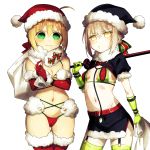  2girls artoria_pendragon_(all) belt bikini blonde_hair blush christmas dangerous_beast dark_excalibur elbow_gloves fate/extra fate/grand_order fate/stay_night fate_(series) fusion gloves green_bikini green_eyes green_gloves green_legwear hat highres holding holding_sword holding_weapon looking_at_viewer multiple_girls nabenko navel nero_claudius_(fate)_(all) pale_skin red_bikini red_gloves red_legwear revision saber_alter sack santa_alter santa_costume santa_hat santa_lily shrug_(clothing) skirt stethoscope swimsuit sword thighhighs trick_or_treatment weapon yellow_eyes younger 