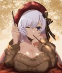  1girl aran_sweater azur_lane bangs belfast_(azur_lane) belfast_(shopping_with_the_head_maid)_(azur_lane) beret black_bow black_choker blush bow breasts brown_sweater choker cleavage commentary_request earrings food food_in_mouth hair_bow hand_on_own_chin hat highres holding holding_food hoop_earrings jewelry large_breasts long_hair long_sleeves looking_at_viewer mouth_hold off-shoulder_sweater off_shoulder pocky purple_eyes red_headwear silver_hair solo sweater upper_body yukidaifuku 