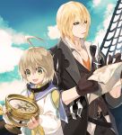  2boys ahoge bangs belt black_belt black_coat black_gloves black_jacket black_pants blonde_hair blue_eyes blue_sailor_collar blue_sky bow cloud coat collarbone dress dress_shirt eizen_(tales) gloves green_eyes hair_between_eyes holding_map isa_(peien516) jacket laphicet_(tales) male_focus multiple_boys open_clothes open_coat pants sailor_collar sailor_dress ship shirt short_hair sky standing tales_of_(series) tales_of_berseria torn_coat vertical-striped_jacket watercraft white_dress white_shirt yellow_bow 