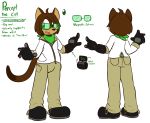  2019 5_fingers anthro bandanna black_clothing black_footwear black_nose bottomwear brown_hair clothing dipstick_tail domestic_cat english_text eyewear felid feline felino felis fingers footwear fur glasses gloves green_eyes hair handwear hi_res male mammal model_sheet multicolored_body multicolored_fur multicolored_tail open_mouth percept_(felino) simple_background solo tan_bottomwear tan_clothing text topwear two_tone_body two_tone_fur white_background white_clothing white_topwear 