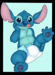  2019 4_toes alien big_ears black_border blue_background blue_body blue_claws blue_eyes blue_fur blue_nose blue_pawpads border bulge chest_tuft claws diaper disney experiment_(lilo_and_stitch) fingers fur hand_on_face hand_on_leg head_tuft hi_res lilo_and_stitch looking_at_viewer male navel notched_ear outside_border pawpads pukaa raised_leg simple_background smile solo stitch_(lilo_and_stitch) toes tongue tongue_out tuft 
