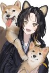  1girl absurdres animal_ears animal_on_shoulder arknights bangs black_hair black_kimono commentary dog dog_ears dog_girl facial_mark fangs forehead_mark highres japanese_clothes kimono long_hair looking_at_viewer nanaponi open_mouth parted_bangs saga_(arknights) shiba_inu simple_background smile solo upper_body white_background yellow_eyes 