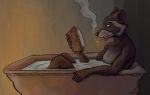  2019 anthro backbone_(game) bathing book hi_res humanoid_hands male mammal procyonid raccoon reading slifante smoking solo water 