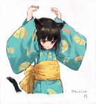  1girl animal_ears arms_up bangs black_hair blue_kimono brown_eyes cat_ears cat_girl cat_tail cropped_torso eyebrows_behind_hair hair_between_eyes highres japanese_clothes kimono long_sleeves looking_away obi original parted_lips print_kimono sash sho_(sho_lwlw) short_hair solo tail tail_raised upper_body whisker_markings wide_sleeves 