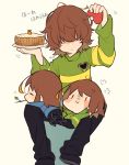  3others anger_vein brown_hair chara_(undertale) deltarune food frisk_(undertale) heart highres holding holding_food holding_weapon kitsune_no_ko knife kris_(deltarune) long_sleeves multiple_others simple_background stick striped striped_sweater sweater undertale weapon |_| 